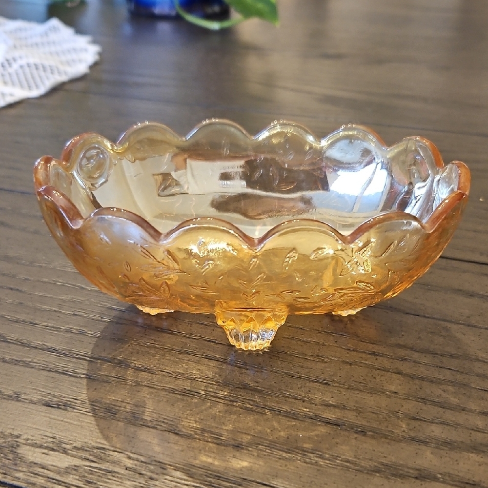 Vintage Amber Iridescent Glass Candy Dish - Jennette Glass Louisa Floragold